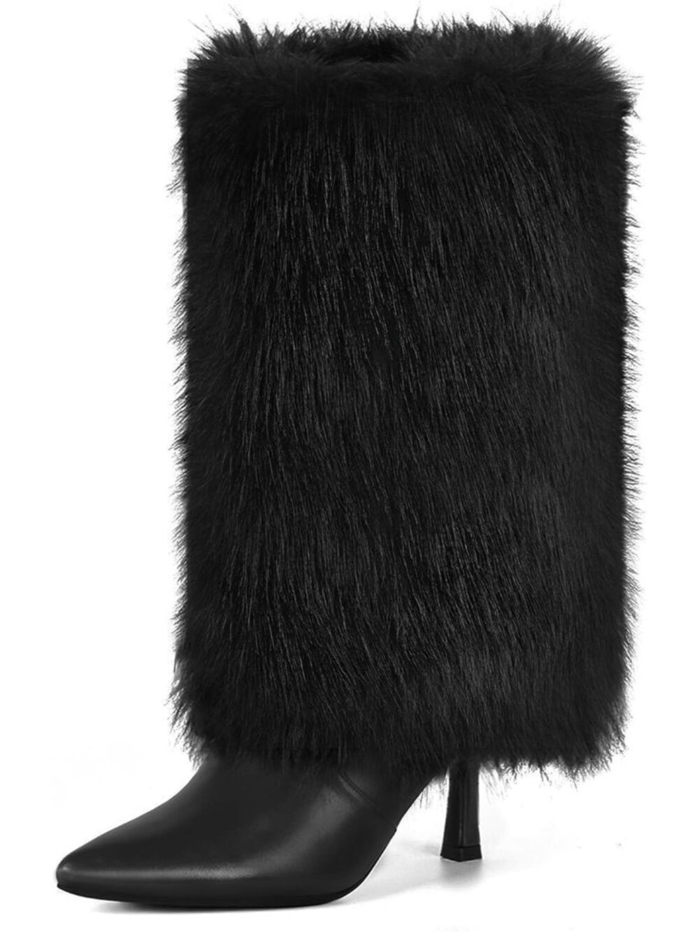 Women's Black Kitten Heel Mid Calf Fur Boots Pointed Toe Short Boot Side Zip